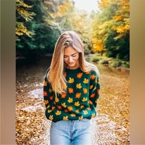 Kiel James Patrick Forest Green Sweater with Autumn Leaf Design